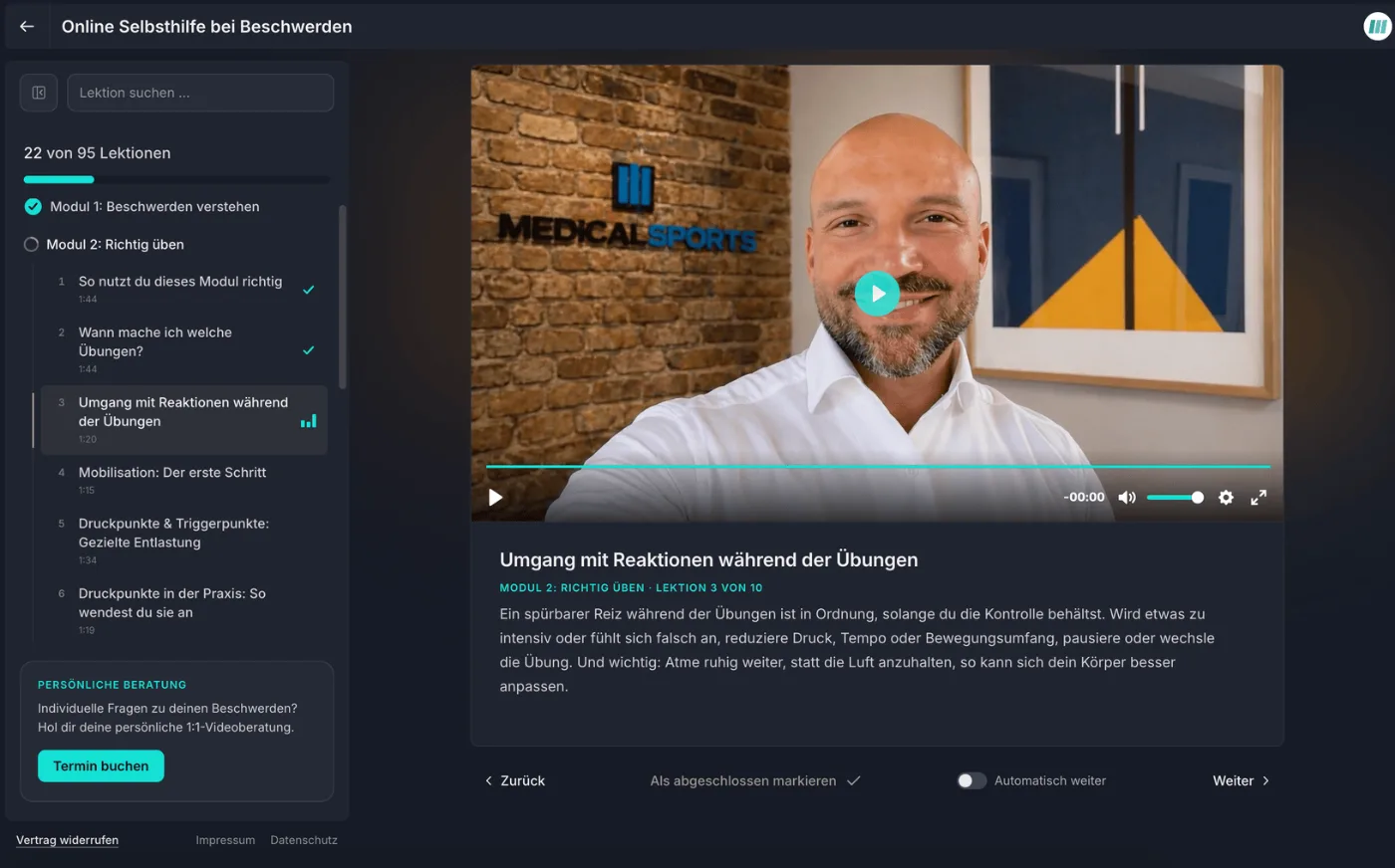 Lernansicht des Kursportals mit Lektionsliste und Video
